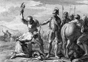 Dekapitace Syagria, 486: poprava římského generála Siagria (430-486) poraženého v bitvě u Soissons vojsky Clovise 1. Rytina 18. století. od French School