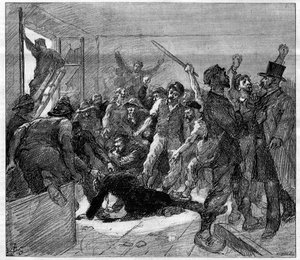 Decazeville (Aveyron) stávka horníků v roce 1886: inženýr Watrin byl zavražděn Grevisty. Rytina v „“ Le Monde Illustré“, 6. února 1886. od French School