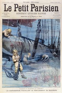 Hlubinní potápěči se pokoušejí zvýšit Farfadet, z Le Petit Parisien, 23. července 1905