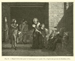 Odjezd královny do Conciergerie, 2. srpna 1793; po rytině Bouillona, ​​1795 od French School