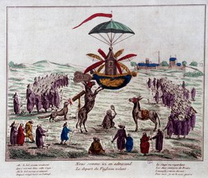 Odlet ze satiry létající lodi na létajícím stroji, který si představil Jean-Pierre Blanchard (1753-1809): osli, opice a slepý pohled na podivný stroj vybavený šesti křídly a kormidlem. Rytina z konce 18. století. Paříž, Musee Carn od French School