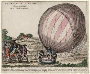 Sestup aerostatického stroje Srs. Karel a Robert, hospoda. 1783 (ručně kolorovaná rytina) od French School