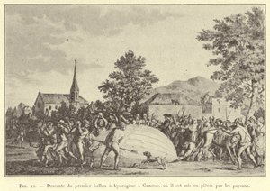 Sestup prvního vodíkového balónu do Gonesse, kde jej rolníci roztrhali na kusy (rytina) od French School