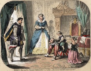 Popis dětského odpočinku a hry: Francouzský král Jindřich IV. (1553-1610) si hraje se svými dětmi (pravděpodobně Ludvíkem XIII. a Alžbětou Francouzskou) před španělským velvyslancem. Královna Marie Medicejská je přítomna. Deska "" les jeux de l