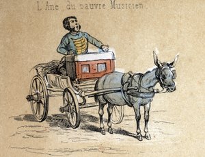 Popis různých produktů a použití osla: zvíře doprovází cestujícího hudebníka Detail tabule „“Osel a jeho produkty““ v „“poučné rekreace““ Synoptický obraz Julese DELBRUCKA, rytina z roku 1860. Priv od French School