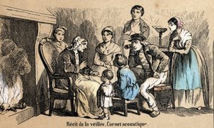 Popis pěti smyslů: detail sluchu, recitace v noci v chalupách, starý muž používá akustický kužel. Talíř “” Les cinq sens”” v “” les Recreations instructives”” Synoptický obraz od Julese Delbrucka, rytina z roku 1860. od French School