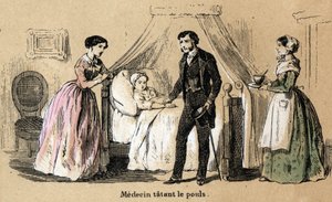 Popis pěti smyslů: hmat, lékař tepající tep nemocné dívky. Talíř “” Les cinq sens”” v “” les Recreations instructives”” Synoptický obraz od Julese Delbrucka, rytina z roku 1860. Soukromá sbírka. od French School
