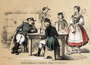Popis různých výrobních kroků a použití hlíny: hliněné výrobky (kamenná kamna, džbány, dýmky a plechovky). Talíř “” Hlína a její produkty”” v “” Les Recreations instructives”” Synoptická malba od Julese DELBRUCKA, rytina z roku 1860. Pr od French School