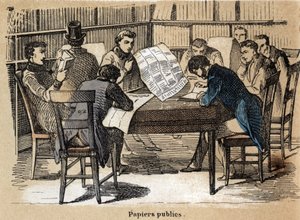 Popis různých produktů a použití papíru: čtení veřejných listů (novin). Talíř „“ Le papier et ses produits““ v „“ les Recreations instructives““ Synoptický obraz od Julese Delbrucka, rytina z roku 1860. Soukromá sbírka. od French School