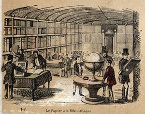Popis různých produktů a použití papíru: pohled na knihovnu obsahující papírny. Talíř „“ Le papier et ses produits““ v „“ les Recreations instructives““ Synoptický obraz od Julese Delbrucka, rytina z roku 1860. Soukromá sbírka. od French School