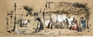 Popis různých produktů a použití krávy: scéna každodenního života na vesnici. Talíř “” La coache et ses produits”” v “” les Recreations instructives”” Synoptický obraz od Julese DELBRUCKA, rytina z roku 1860. Soukromá sbírka. od French School