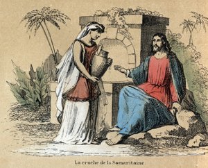 Popis různých fází výroby a použití hlíny: Ježíš a Samaritán nesoucí hliněný džbán v Bibli. Talíř “” Hlína a její produkty”” v “” Les Recreations instructives”” Synoptický obraz od Julese DELBRUCKA, rytina z roku 1860. Soukromé od French School