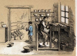 Popis různých fází výroby a použití hlíny: hrnčíř pracující v pořadí. Talíř “” The clay and its products”” in “” Les Recreations instructives”” Synoptický obraz od Julese DELBRUCKA, rytina z roku 1860. Soukromá sbírka. od French School
