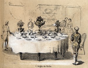 Popis jednotlivých fází výroby a použití hlíny: použití hlíny v bohatých interiérech, stůl s porcelánovým nádobím. Talíř “” Hlína a její produkty”” v “” Les Recreations instructives”” Synoptická malba Julese DELBRUCKA, rytina od French School