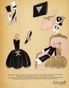 Entwurf für ein schwarzes Samtkleid und Accessoires mit zwei Puppen, Les Idées Nouvelles