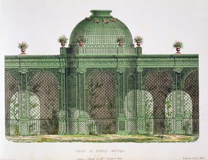 Návrh arkádové mřížové galerie s centrální kopulí, vydaný pro Bureau de Moniteur des Menusiers, Paříž. od French School