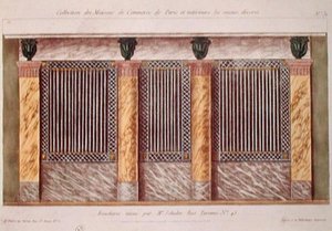 Návrh fasády řeznictví, ze série zobrazující nejlépe zdobené obchodní budovy v Paříži, kolem roku 1810 (barevné lito) od French School