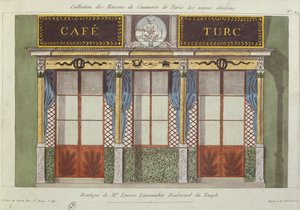 Návrh fasády kavárny Cafe Turc ze série zobrazující nejlépe vyzdobené obchodní budovy v Paříži, cca 1810. od French School