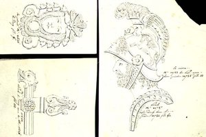 Návrhy na bronzové držáky na nábytek ormolu, cca 1825 (pero a inkoust na papíře) od French School