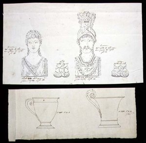 Návrhy pro pozlacené bronzové držáky na nábytek ormolu a porcelánové šálky z francouzského empíru, cca 1820 (pero a inkoust na papíře) od French School