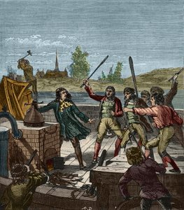 Zničení Papinova parníku - Denis Papin (1647-1712) sledoval jeho kolesový parník zničený lodníky z Muendenu v roce 1707 - Les Bateliers de Munden rozbili parník Denisem Papinem (1647-1712) - Rytina v „“ Vědy zasazené na dosah ze všech - od French School