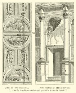 Detail příčného oblouku A, centrální dveře Hôtel de Ville, C, stopa po mramorové desce, která nesla sochu Jindřicha IV. od French School