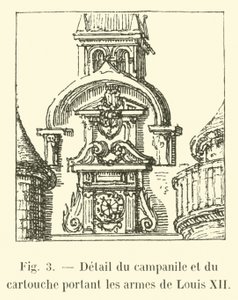 Detail zvonice a kartuše nesoucí paže Ludvíka XII od French School