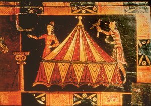 Detail ze svatební truhly zobrazující dvě postavy u stanu (malované pergamenem na dřevě) od French School