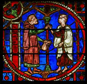 Detail z okna zobrazující scény ze zázraku Theophilus od French School