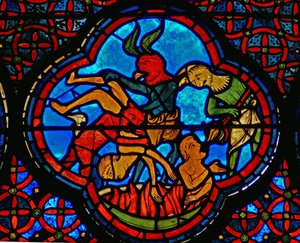 Detail z okna zobrazující podobenství o Lazarovi a Dives: boháč v pekle od French School