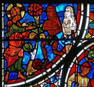 Detail okna s podobenstvím o milosrdném Samaritánovi: Bůh konfrontuje Adama a Evu od French School