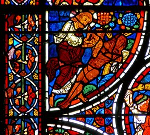 Detail okna s podobenstvím o milosrdném Samaritánovi: Stvoření Evy od French School