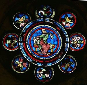 Detail ze severního rozetového okna zobrazující geometrii ze svobodných umění od French School