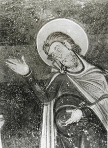 Detail sv. Savina, z fresky zobrazující sv. Savina a sv. Cypriena vysvobozeného ze zvířat, cca 1100 (freska) (černobílá fotografie) od French School