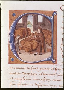 Detail historické iniciály s vyobrazením vinaře při práci z „Rejstříku opatství Saint-Germain-des-Pres“ (vellum) od French School