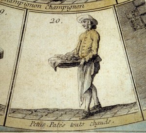 Detail hry Cree of Paris husa: obchodník s horkými těstovinami. Rytina 18. století. Kol. Odjezd. od French School