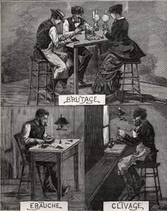 Diamantové řezání, zdravé, hrubé a štěpení. Rytina z roku 1885 v „“Les arts et metiers illustres““ od Adolphe BITARDA. od French School