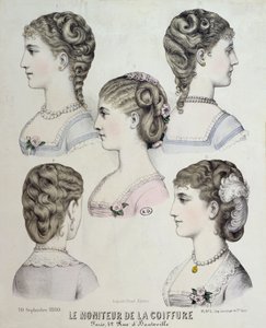 Různé účesy, talíř z Le Moniteur de la Coiffure, 1880 od French School