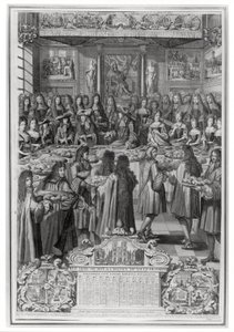 Večeře Ludvíka XIV. (1638-1715) v Hotel de ville, 30. ledna 1687, z kalendáře roku 1688 od French School