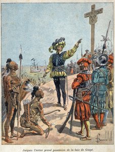 Objevte Kanadu: Jacques Cartier (1491-1557), francouzský mořeplavec a průzkumník se zmocnil zálivu Gaspe a postavil kříž 24. července od French School