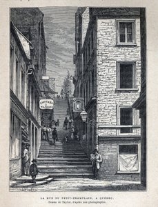 Objevte Kanadu: Rue du Petit Champlain (Petit-Champlain) v Quebecu. Kresba Taylorem z fotografie. Rytina z konce 19. století v „La nouvelle France“ od Eugena Guenina. od French School