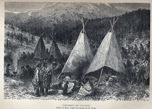 Objevená Kanada: Indiánský tábor s teepee. Kresba Riou ze skici od Dixona. Rytina z konce 19. století v „La nouvelle France“ od Eugena Guenina. od French School