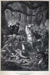 Objevená Kanada: Bitva u Monongahely v roce 1755 během sedmileté války. Kresba Philippoteaux. Rytina z konce 19. století v „La nouvelle France“ od Eugena Guenina. od French School