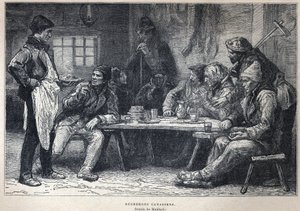 Objevená Kanada: Kanadští dřevorubci. Kresba od Maillarda. Rytina z konce 19. století v „La nouvelle France“ od Eugena Guenina. od French School