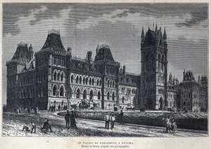 Objevená Kanada: Parlamentní palác v Ottawě. Kresba od Deroye z fotografie. Rytina z konce 19. století v „La nouvelle France“ od Eugena Guenina. od French School