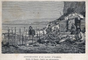 Objevená Kanada: stavba kůrové kánoe. Kresba Bassot po fotografii. Rytina z konce 19. století v „La nouvelle France“ od Eugena Guenina. od French School