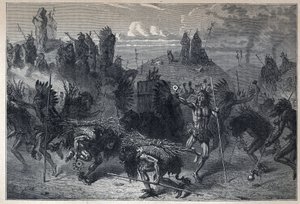 Objevená Kanada: tanec bizonů v Mondanech. Rytina z konce 19. století v „La nouvelle France“ od Eugena Guenina. od French School