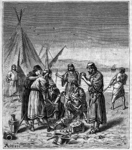 Objeveno výrobou skla fénickými obchodníky - Rytina do „Vědy přístupné každému – fyzika a chemie““ od Alexise Clerca - Konec 19. století - Soukromá sbírka od French School