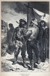 Objeven z Kanady: coureur des bois (zapojený do obchodu s kožešinami s Indiány). Bayardova kresba. Rytina z konce 19. století v „La nouvelle France“ od Eugena Guenina. od French School