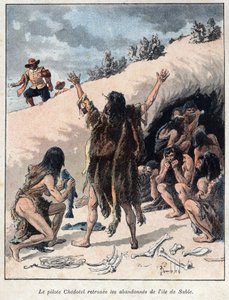 Objeveno z Kanady: pilot Alexis Chedotel najde posádku opuštěnou Troilem du Mesgouez známým jako Marquis de la Roche na písečném ostrově v roce 1578. Rytina z konce 19. století v „La nouvelle France“ od Eugena Guenina. od French School